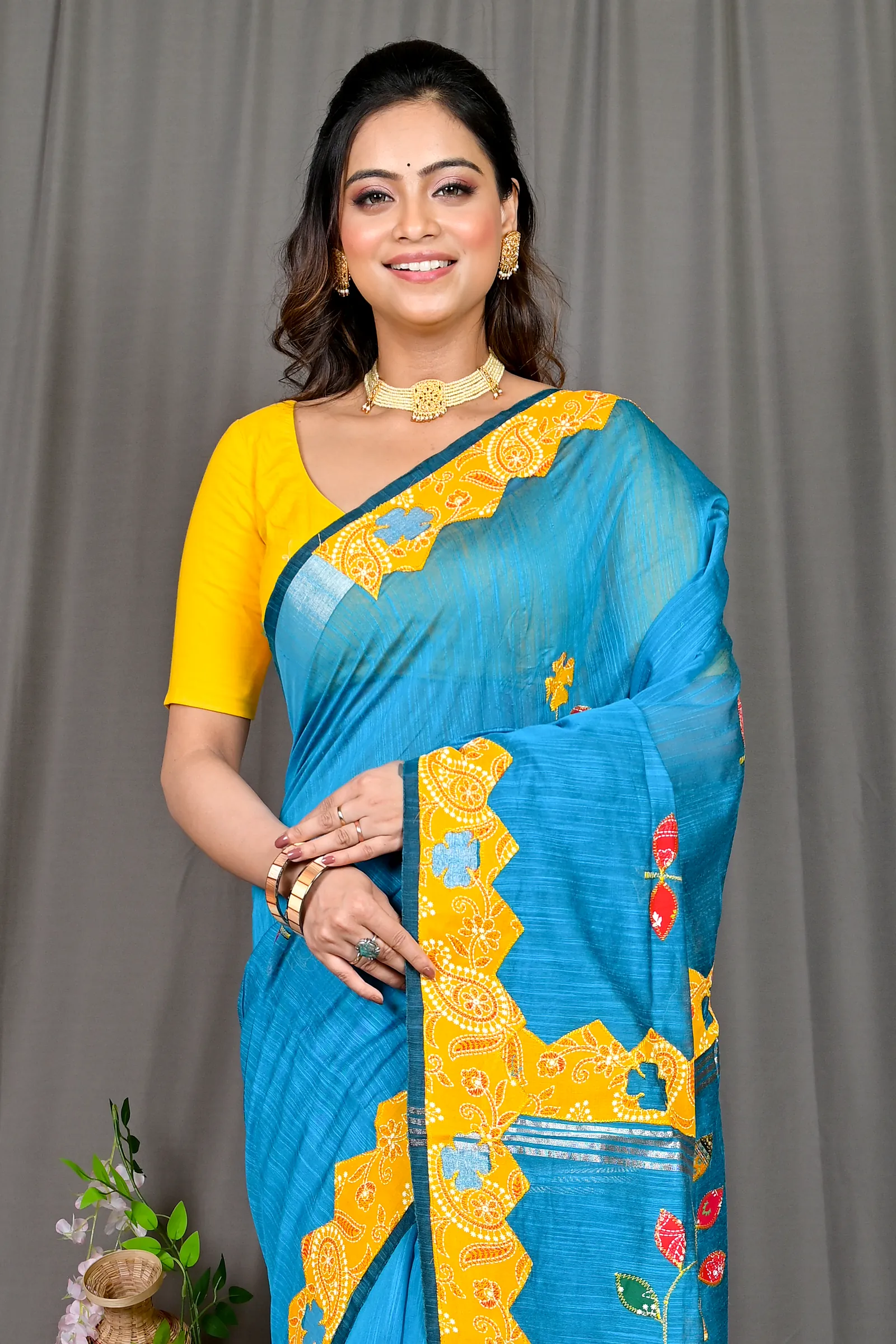 Sky Blue Cotton Blended Parik Applique Saree (331)